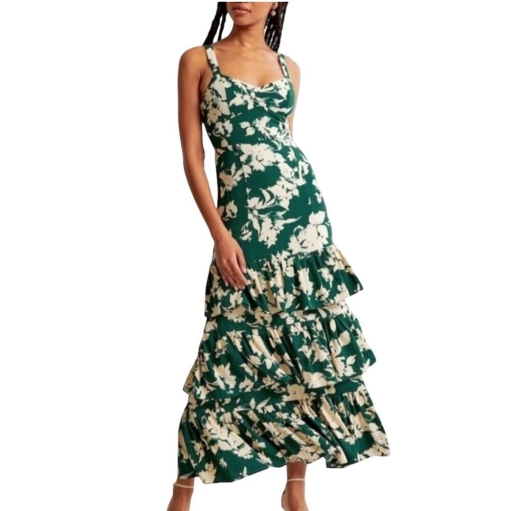 Abercrombie & Fitch Drama Floral Tiered Maxi Dress Green Cream 1/2 Lined Size S